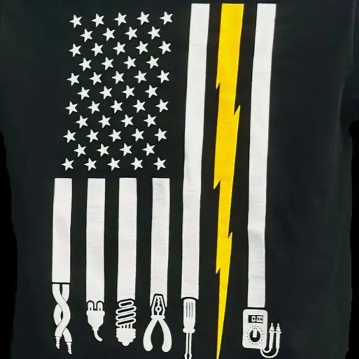 Black t-shirt with vertical American Flag in white, with one Yellow stripe shaped like a lightening bolt and electrician tools at the end of each white stripe.
