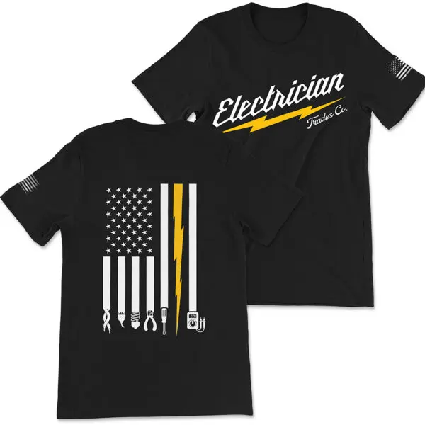 Black t-shirt with vertical American Flag in white, with one Yellow stripe shaped like a lightening bolt and electrician tools at the end of each white stripe. Front of the t-shirt says "Electrician" in white with yellow lightening bolt beneath it and "Trades Co". in script below that. Features worn white American flag on left sleeve.