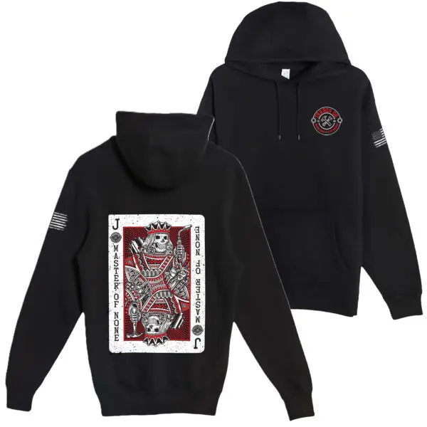 Black hoodie with playing card design the back. Playing card has black "J" in the top left and bottom right corners with the Trades Co Logo directly below it and then the text "Master of None" below that. The center of the card features a mirrored skull king in black, white and red - the king on the top holding a welding torch and the king on the bottom holding a hammer. Features a worn white American flag on the left sleeve. Small red and white Trades Co. Logo on the front left chest.