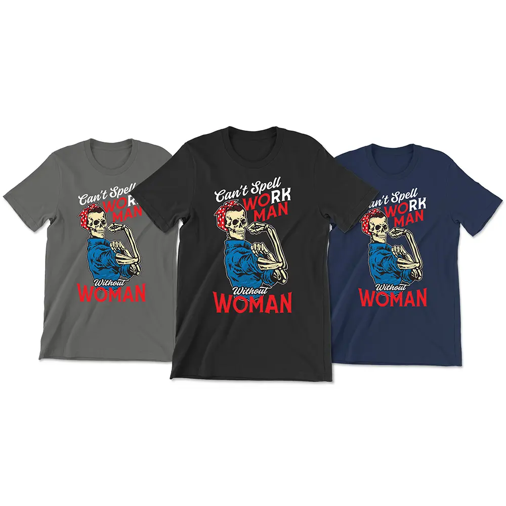 3 t-shirts with the same design, one in navy blue, one in black and one in gray. The design features the text "Can't Spell workman without woman" "Can't Spell and Without are in white script. "Work Man" is in all caps with the WO and MAN in red text and the RK in white text. Woman is in all caps red text at the bottom. There is a a skeleton torso up (no legs) with a blue jumpsuit on and a red headband with white polka dots posing like Rosie the riveter. Small white Trades Co. Logo featured on the upper center back of the t-shirt.
