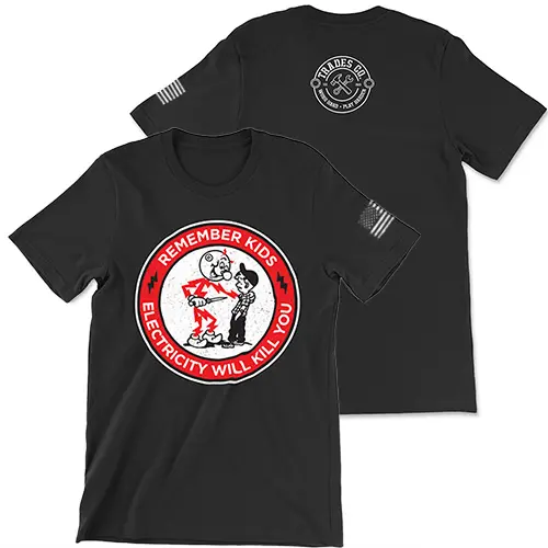 Black t-shirt with red, white and black circle design. Design features a white circle with a red outer ring that has " Remember Kids Electricity will kill you" in white text with an image of a man made of electricity with a knife facing a boy. White American Flag on Sleeve. Small white Trades Co. Logo featured on the upper center back of the t-shirt.