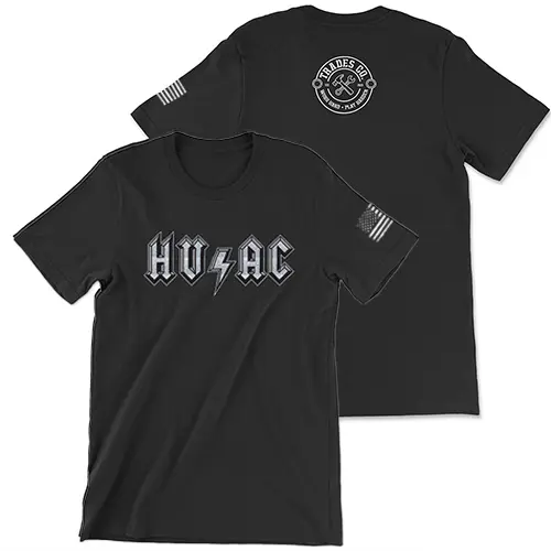 Black t-shirt with white HVAC design in the style of the ACDC logo. There is a lightening bolt between the HV and AC. White worn American Flag on the left sleeve. Small white Trades Co. Logo featured on the upper center back of the t-shirt.