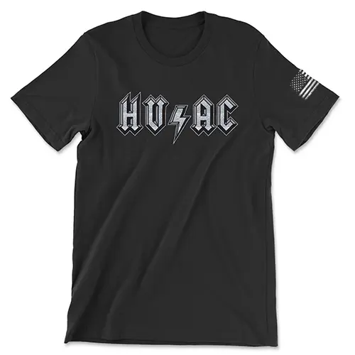Black t-shirt with white HVAC design in the style of the ACDC logo. There is a lightening bolt between the HV and AC. White worn American Flag on the left sleeve.