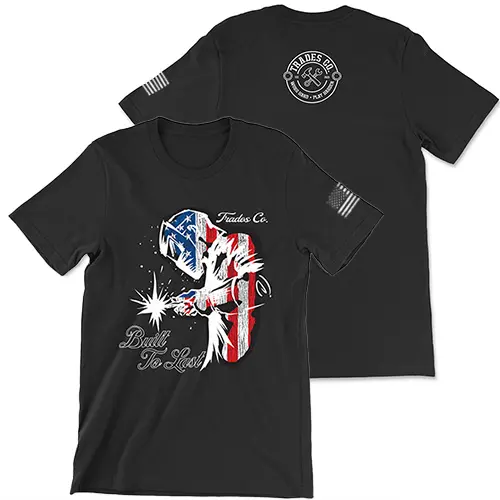 Black t-shirt featuring a welder filled with American flag design. "Trades Co." above and "Built To Last" script below in white. White worn American Flag in white on left sleeve. Small white Trades Co. Logo featured on the upper center back of the t-shirt.